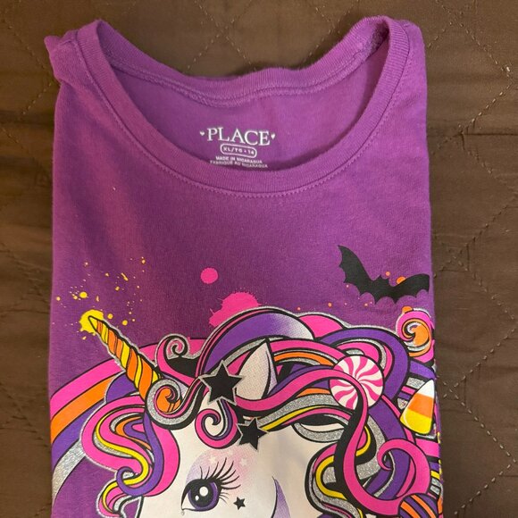 Pre-Loved The Children’s Place Purple Unicorn Halloween GraphicTee Size XL12/14 - Picture 3 of 5